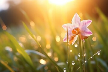  a close up of a pink flower in a field of grass with the sun shining through the grass behind it.