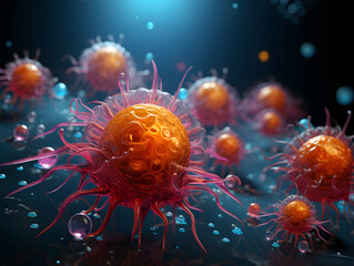 A cancer cell with yellow and purple cells