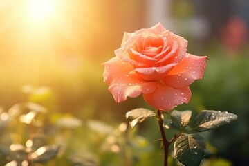  a single pink rose with water droplets on it's petals in front of a green bush with the sun shining in the background. - Powered by Adobe