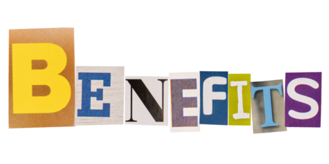 The word benefits made from cutout letters