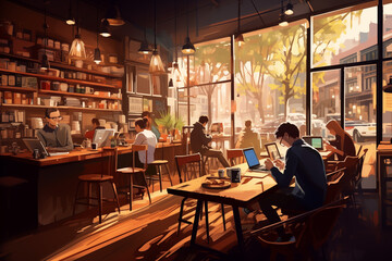 Fototapeta na wymiar Digital nomads illustration working with laptops from coffee shop interior of restaurant