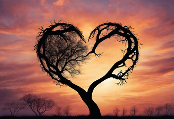 Romantic Sunset Sky with Heart-shaped Trees, Love and Nature on a Summer Day.