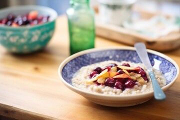 close-up of barley porridge with a swirl of berry compote