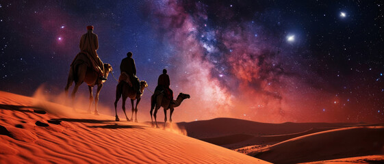 Travelers on camels under a starry night sky, traversing the undulating dunes of a vast desert - obrazy, fototapety, plakaty