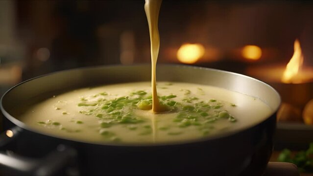 Closeup of a mixing s stirring a creamy and nutritious soup in a bubbling pot.