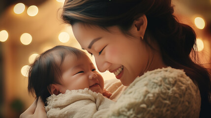 A warm and cozy scene of a mother sharing a loving gaze with her smiling baby, illuminated by soft indoor lighting.

