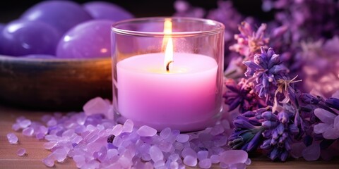 Obraz na płótnie Canvas Soothing lavender aromatherapy with burning purple candles