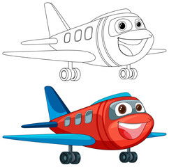 Colorful and outlined cartoon airplanes smiling.