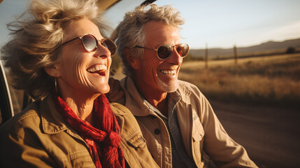 Laughing senior couple with sunglasses enjoying a sunny road trip together, with a scenic rural backdrop.
