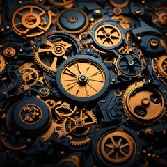  a close up of a bunch of clocks on a black and gold background with focus on the center of the clock.