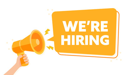 Vibrant We re Hiring Advertisement with Hand Holding Megaphone Vector Illustration
