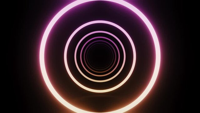 trippy circles moving towards screen in a tunnel like formation with glowing neon light and a dark background of 3d render with beautiful reflection