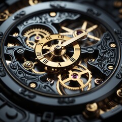 Fototapeta na wymiar a close up of a watch face with a gold and black clock face and gears on the face of the watch.