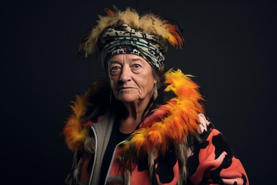 Portrait of an old woman in a headdress with feathers.