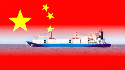 Cargo ship container ship on China flag. China transport ship, concept of importing cargo from...