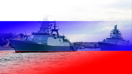 Russian warship on the background of the Russian flag