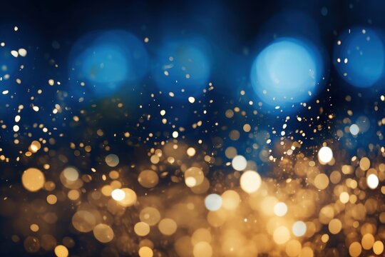  a blurry photo of a blue and gold background with boke of lights in the middle of the image.