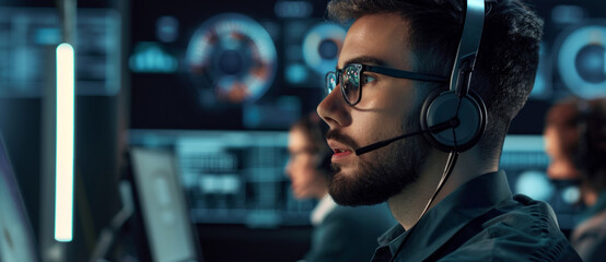 Focused emergency dispatcher in a high-tech control room, vigilantly managing critical communications