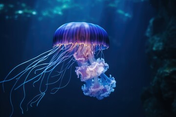  a close up of a jellyfish in an aquarium with blue and purple water and light shining on the bottom of the jellyfish.