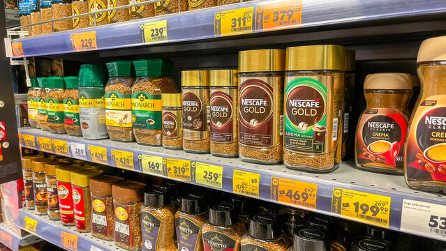 Moscow December 15 2024, Instant coffee on supermarket shelves, Instant and freeze-dried coffee in a glass jar on the counter of a large super model