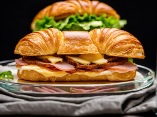 Croissant sandwich with ham and cheese isolated on transparent background 