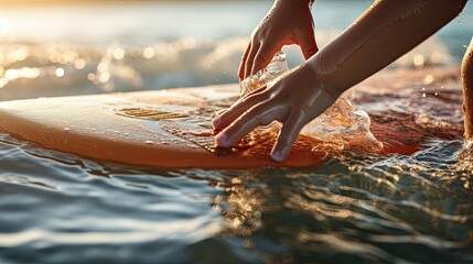 Sunlit hands gently touching a surfboard on the water at golden hour.
