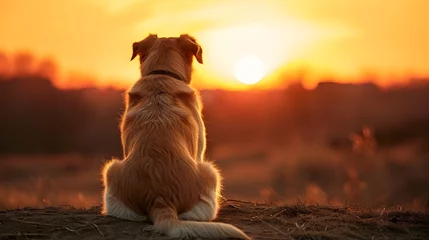 Rolgordijnen Back view of a sitting dog against sunset background, background image, generative AI © Hifzhan Graphics