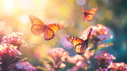 Fototapeta na wymiar Luminous Butterfly Garden: Glowing Butterflies Fluttering Amidst Radiant Blossoms in Morning Light