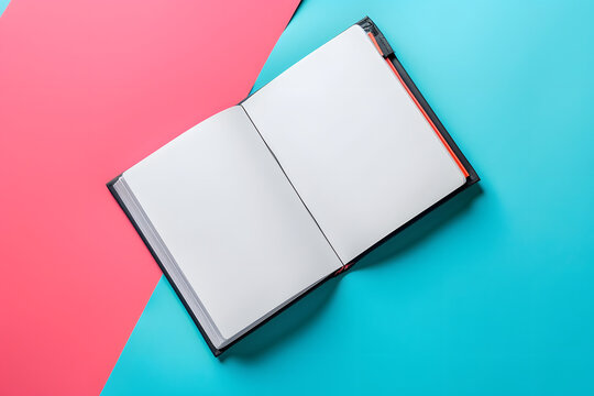 Kreativer Beginn: Aufgeschlagenes, leeres Notizbuch bereit f&uuml;r pers&ouml;nliche Gedanken und k&uuml;nstlerische Ideen, perfekt f&uuml;r inspirierende Schreibvorbereitungen