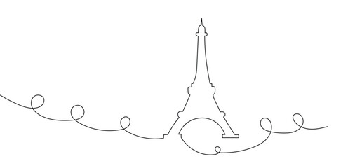 Continuous one line drawing of Paris Eiffel tower. Doodle vector illustration . French landmarks and city architecture in simple linear style. Editable stroke.