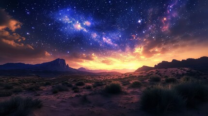 Celestial Night Sky: Glowing Stars and Nebulae Painting a Cosmic Canvas Above a Desert Landscape