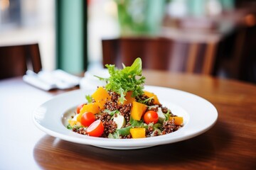 dewy roasted butternut salad with crumbled feta, red quinoa, cherry tomatoes