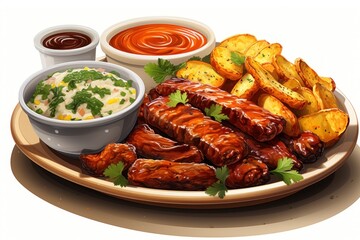  a plate of food that includes hot dogs, potato wedges, and a side of dips and sauces.