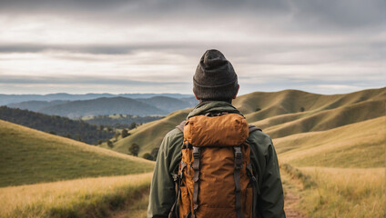 back view of a male backpacker with a rolling hills background - obrazy, fototapety, plakaty