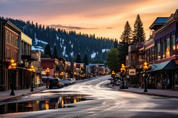  a city street with a puddle of water in the middle of the street and a mountain in the back ground.