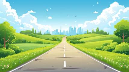  Straight empty road through the meadow to city.