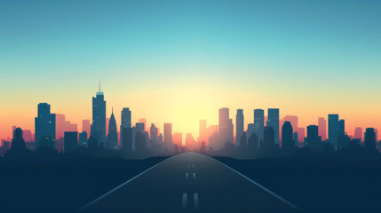 Fototapeta na wymiar Road To City Skyscraper View Cityscape Background Skyline Silhouette with Copy Space Vector Illustration