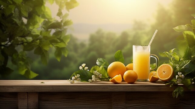 Glass Of Orange Juice And Fresh Fruits On Wooden Table With Nature Background.