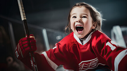 Young girl in a hockey jersey ecstatically cheering with a hockey stick in hand.