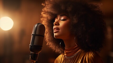 Soulful Female Singer with Afro Hairstyle Performing in Studio