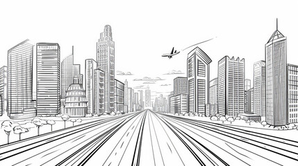 Black outlines Infrastructure illustration. Large highway in city. 