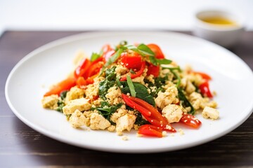 scrambled tofu with diced peppers and vegan feta crumbles