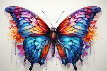 a painting of a colorful butterfly with drops of paint on it's wings and wings, on a white background.