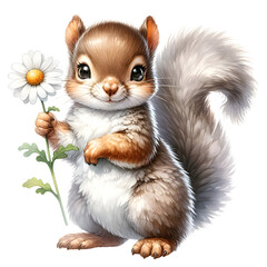 Fototapeta na wymiar Watercolor Cute Squirrel and Daisy Flowers: Perfect for Valentine's Day Clipart and Greetings. Whimsical and Charming Watercolor Illustrations: Adorable Animals with Daisy Flowers Art in Soft Pastels