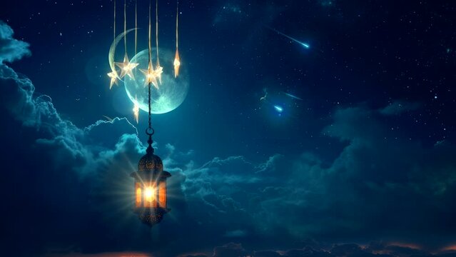 islamic background in ramadan : moonlight in night sky video background looping 4k seamless 