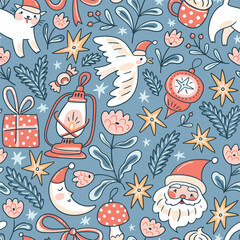 Vector cartoon Christmas seamless pattern design. Winter holiday endless print for wrapping paper. Santa and CHristmas elements on blue background. 