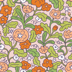 Vector mystical bouquet seamless pattern design for fabric, wallpaper or wrapping paper. Cute flowers and stars. Floral repeated background. - 715423148