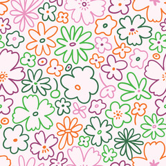 Vector doodle floral seamless pattern. Hand-drawn flower seamless fabric design. Blossoming design in pink and green colors.  - 715423177