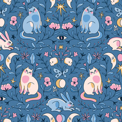 Vector whimsical seamless pattern in hand-drawn style. Halloween print design. Cute magic cats and rabbits, mystical flowers and funny skulls. Seamless pattern design for fabric ow wallpaper. 