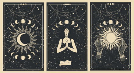 Magic banner with sun, moon and meditating woman, set of tarot cards, celestial boho background for astrology, fortune telling. Flat hand drawn vector illustration. - obrazy, fototapety, plakaty